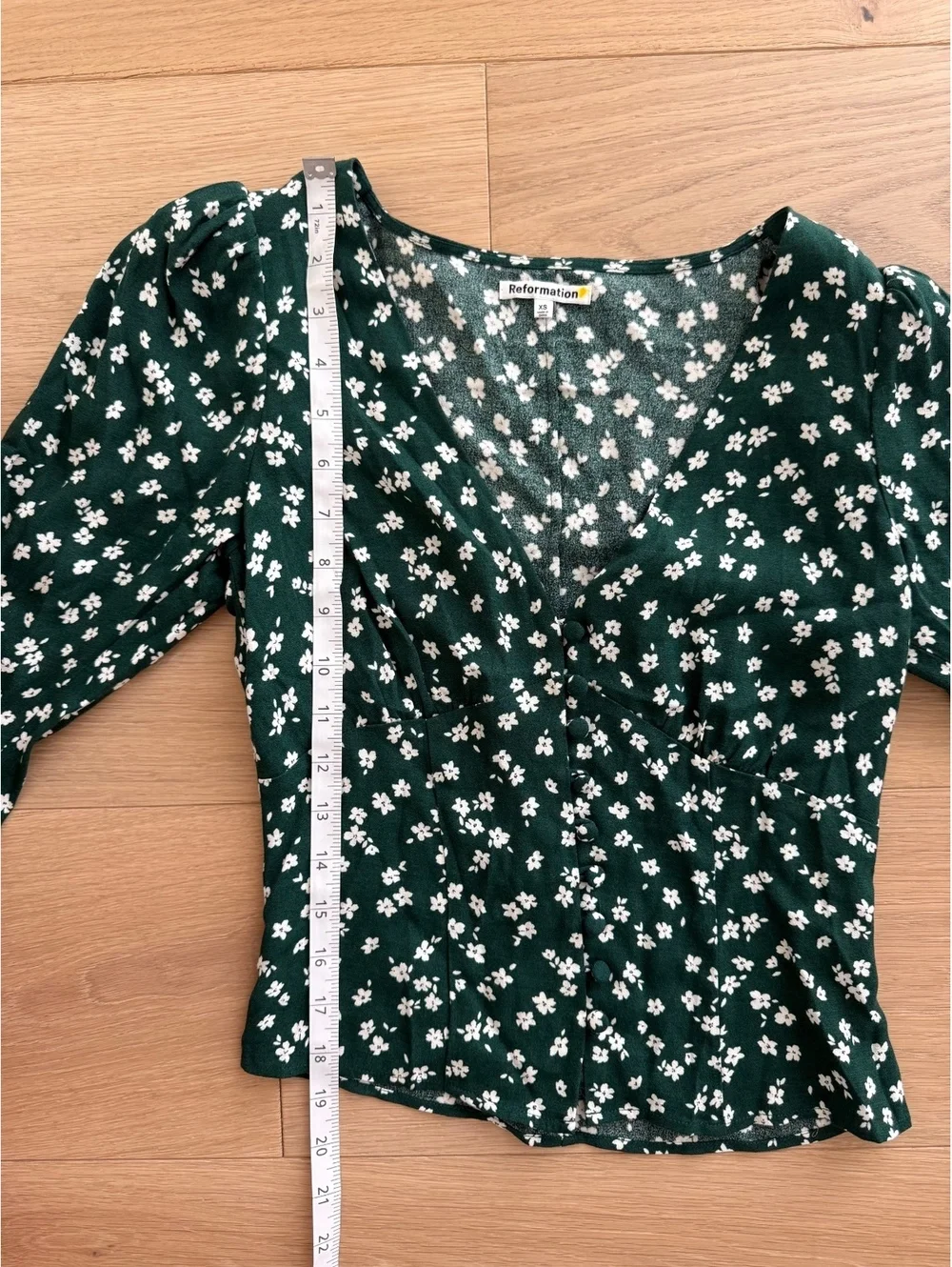 Reformation Nell Top Annette Green Floral V-Neck Button Blouse Size Small XS